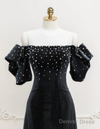 Black Velvet Beads Short Prom Dress, Black Prom Dresses
