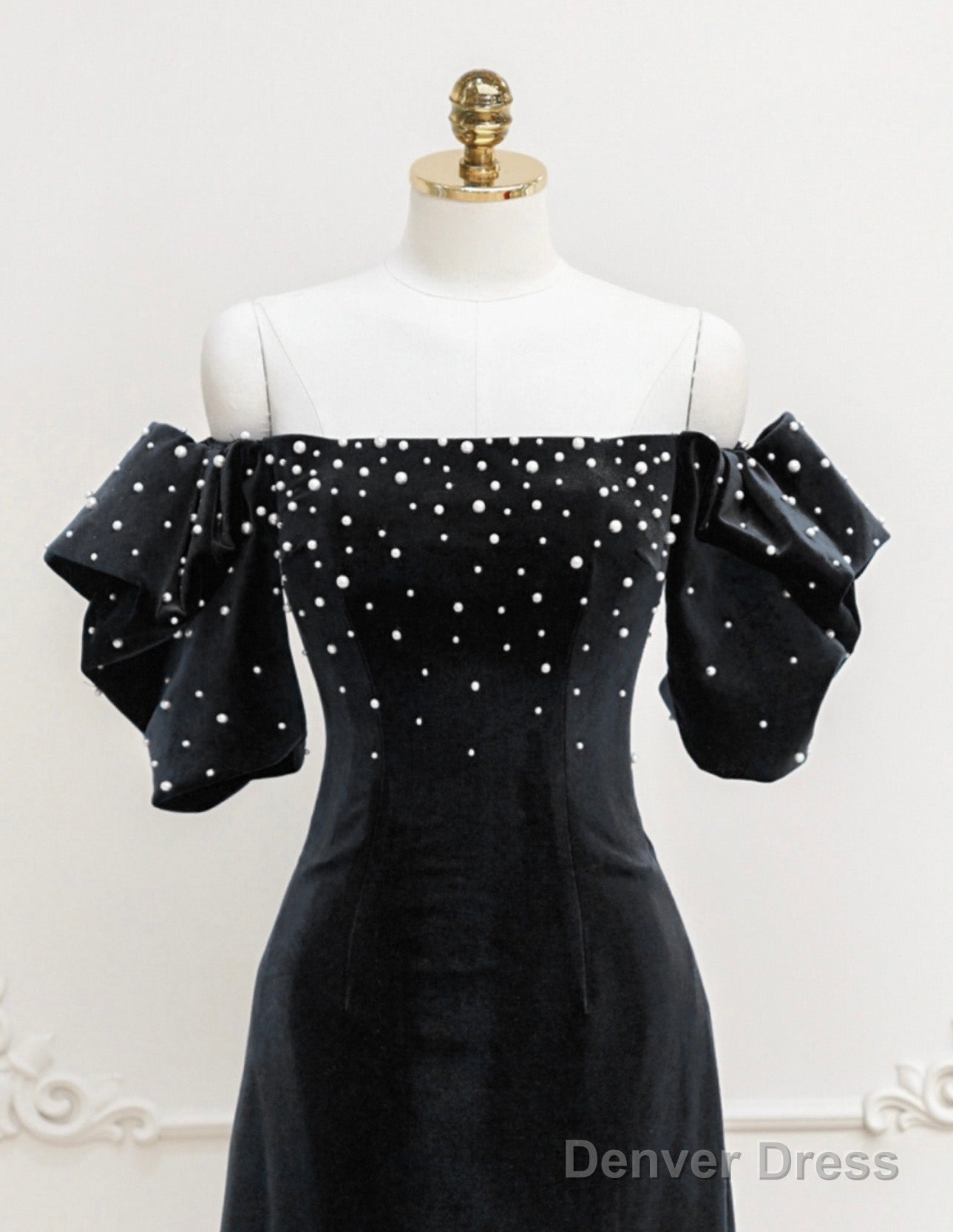 Black Velvet Beads Short Prom Dress, Black Prom Dresses