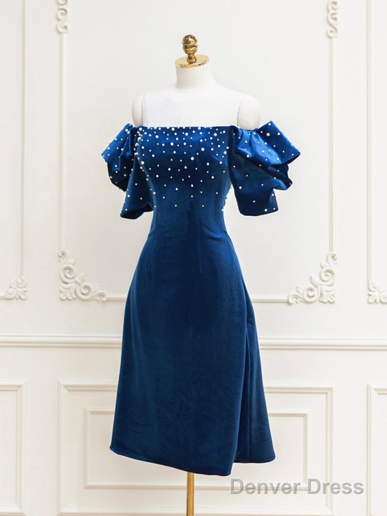 Black Velvet Beads Short Prom Dress, Black Prom Dresses