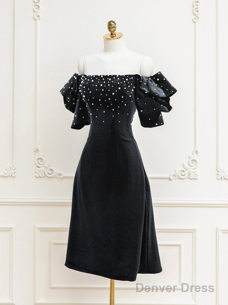 Black Velvet Beads Short Prom Dress, Black Evening Dress Main image