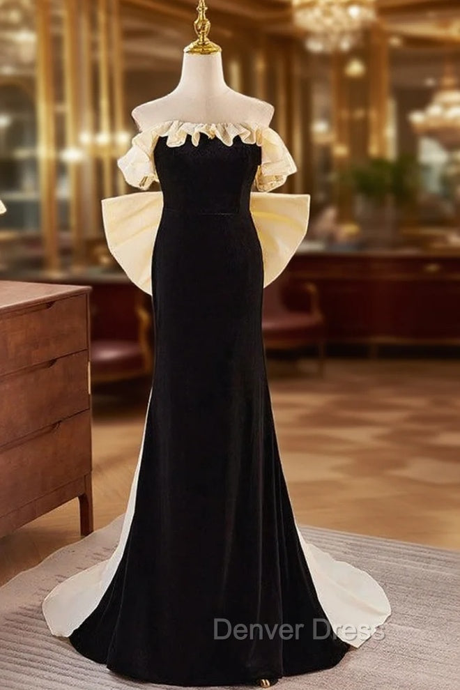 Black Velvet Champagne Bow Strapless Prom Dresses Main image