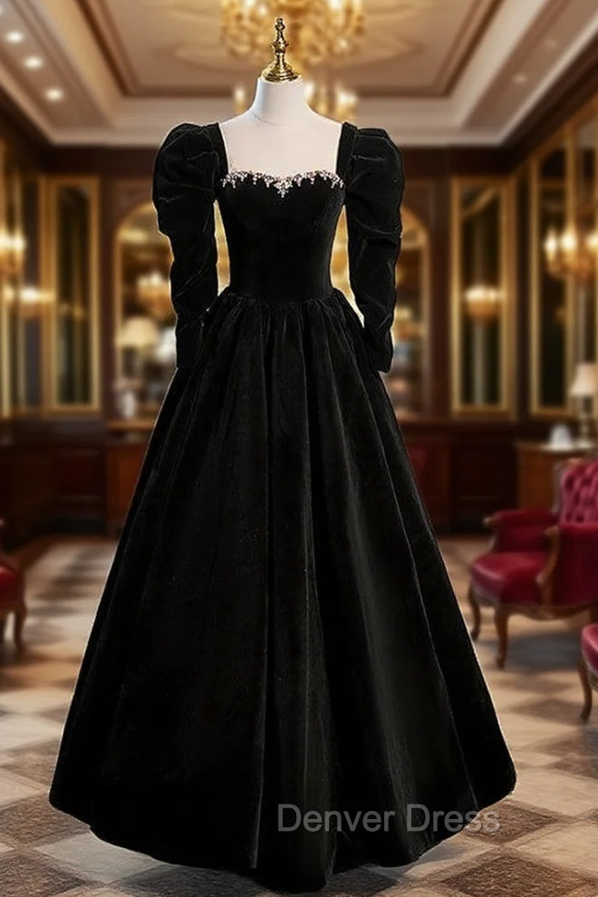 Black Velvet Crystal Prom Dresses With Detachable Sleeve
