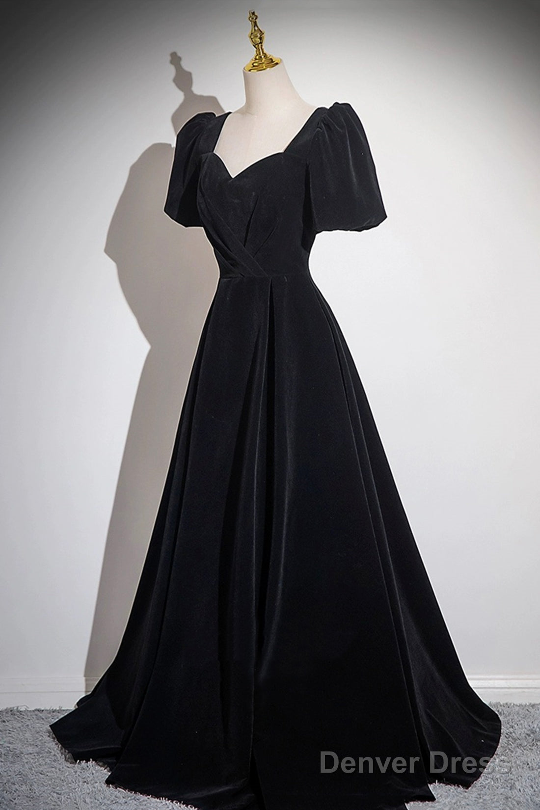 Black Velvet Floor Length Prom Dress, A-Line Short Sleeve Evening Party Dress Secondary image