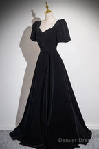 Black Velvet Floor Length Prom Dress, A-Line Short Sleeve Evening Party Dress