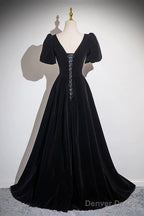 Black Velvet Floor Length Prom Dress, A-Line Short Sleeve Evening Party Dress