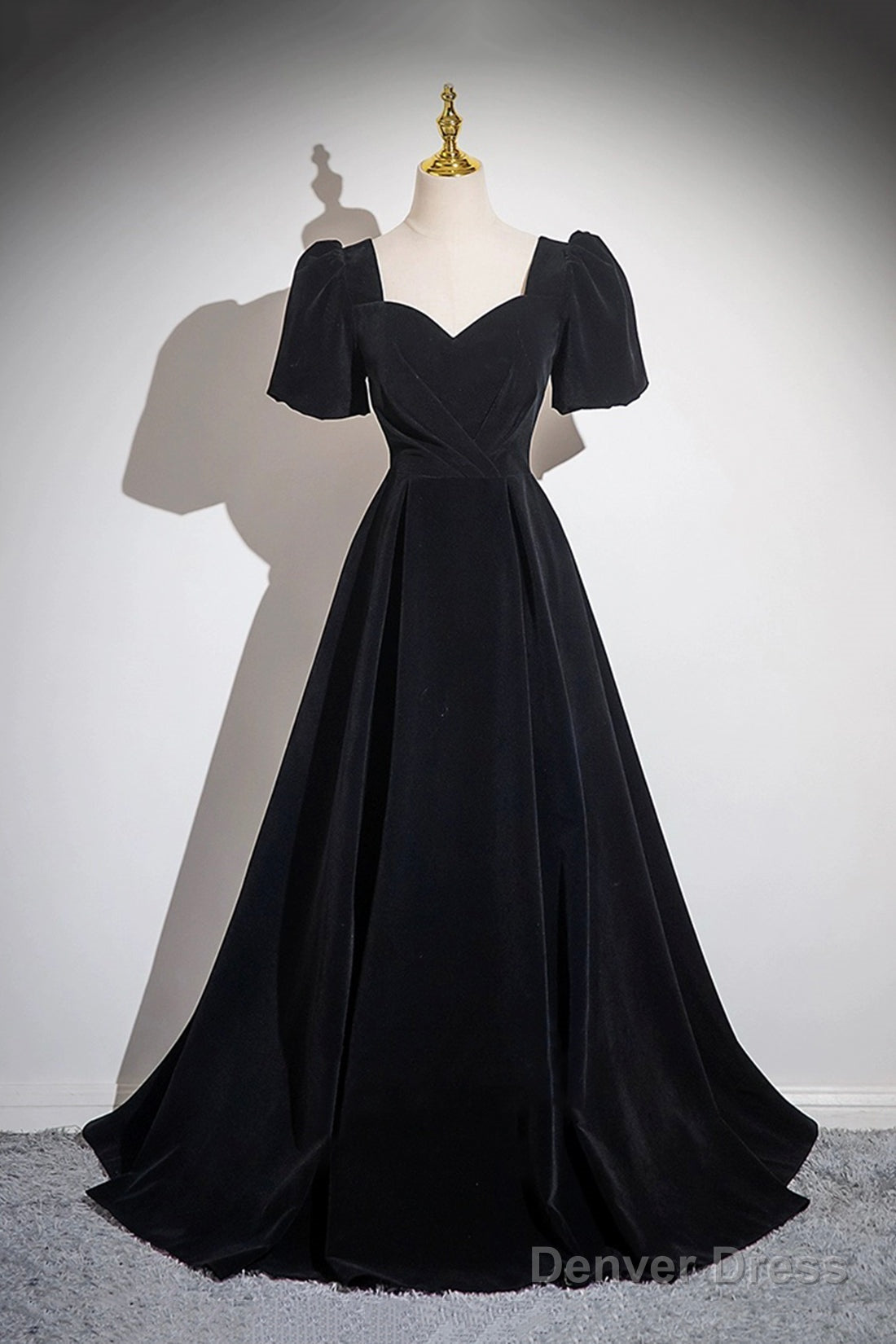 Black Velvet Floor Length Prom Dress, A-Line Short Sleeve Evening Party Dress Main image