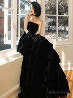 Black Velvet Layers Strapless Long A Line Prom Dress, Black Velvet Prom Dresses