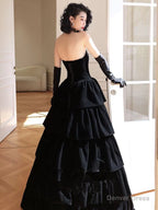 Black Velvet Layers Strapless Long A Line Prom Dress, Black Velvet Prom Dresses