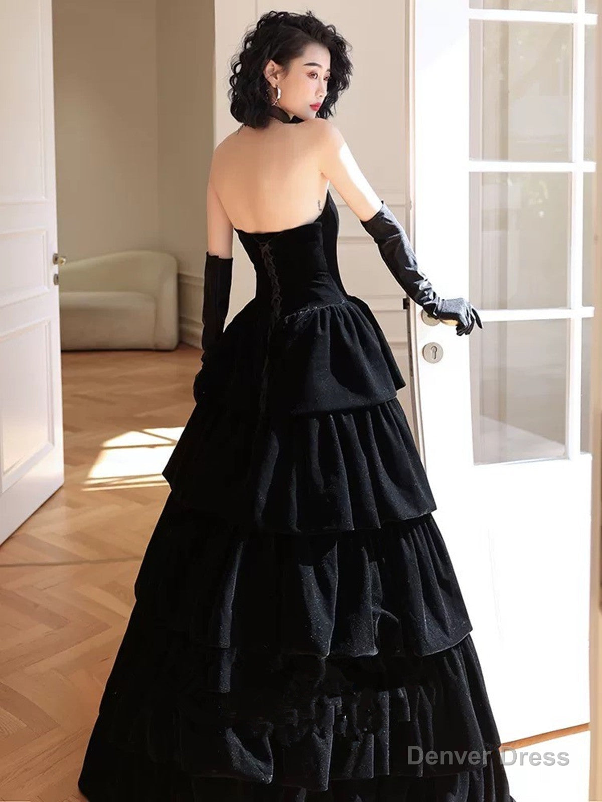 Black Velvet Layers Strapless Long A Line Prom Dress, Black Velvet Prom Dresses
