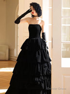 Black Velvet Layers Strapless Long A Line Prom Dress, Black Velvet Prom Dresses