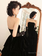 Black Velvet Layers Strapless Long A Line Prom Dress, Black Velvet Prom Dresses