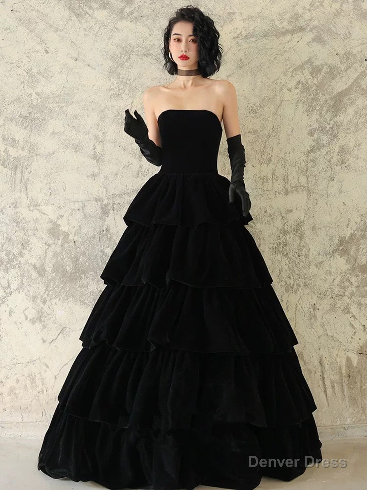 Black Velvet Layers Strapless Long A-line Prom Dress, Black Velvet Formal Dress Main image