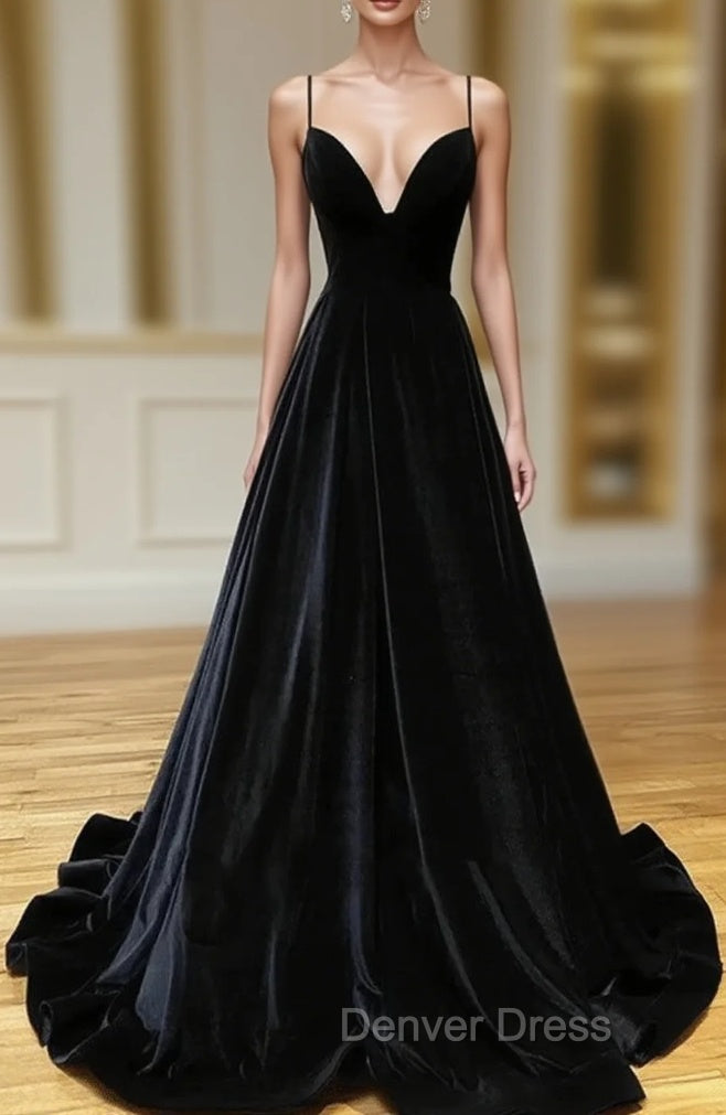 Black Velvet Long A-line Low Back Prom Dresses Black V Neck Wedding Party Dresses prom Dresses shops Main image