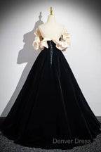 Black Velvet Long A-Line Prom Dresses, Off The Shoulder Evening Party Dresses