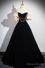 Black Velvet Long A-Line Prom Dress, Off The Shoulder Evening Party Dress
