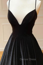 Black Velvet Long A Line Prom Dress, V Neck Backless Prom Dresses