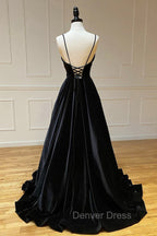 Black Velvet Long A Line Prom Dress, V Neck Backless Prom Dresses