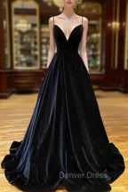 Black Velvet Long A Line Prom Dress, V Neck Backless Prom Dresses