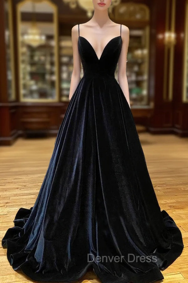 Black Velvet Long A Line Prom Dress, V Neck Backless Prom Dresses