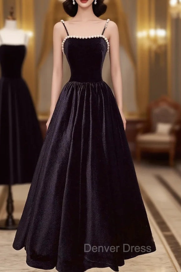 Black Velvet Long Prom Dresses with Pearls, Black Spaghetti Straps Evening Party Dresses Main image