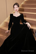 Black Velvet Long Sleeve Prom Dress, A Line Floor Length Prom Dresses
