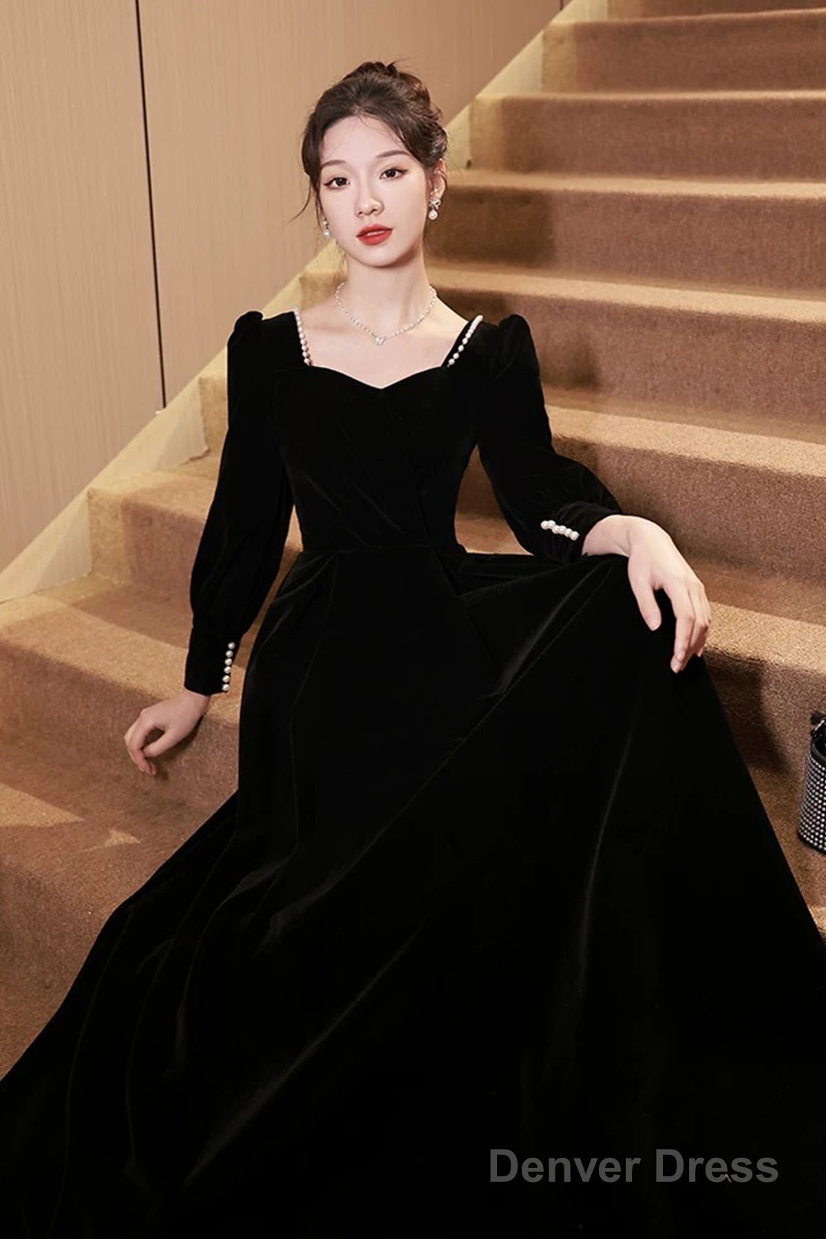 Black Velvet Long Sleeve Prom Dress, A Line Floor Length Prom Dresses