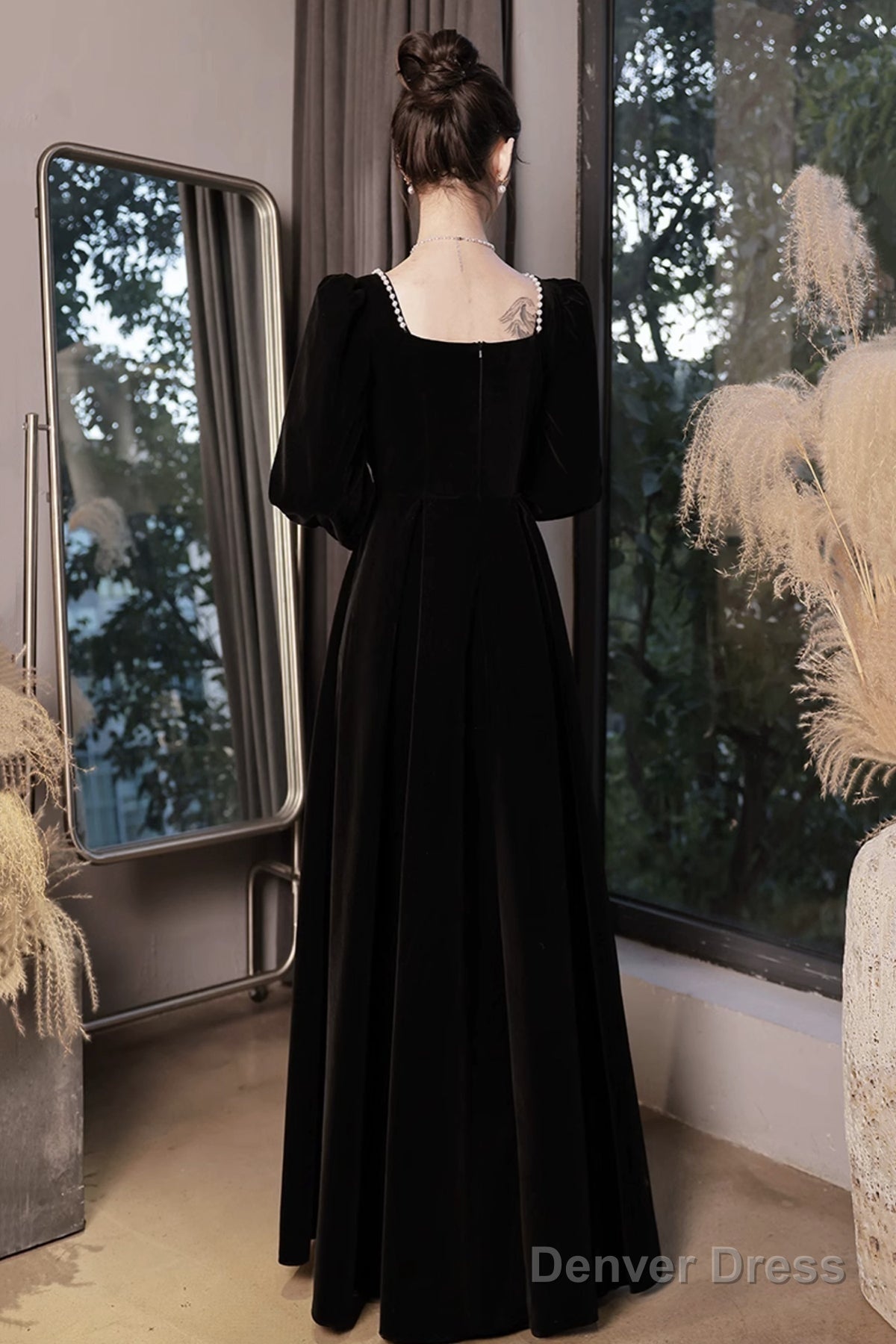 Black Velvet Long Sleeve Prom Dress, A Line Floor Length Prom Dresses
