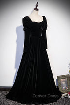 Black Velvet Long Sleeve Prom Dress, A Line Prom Dresses