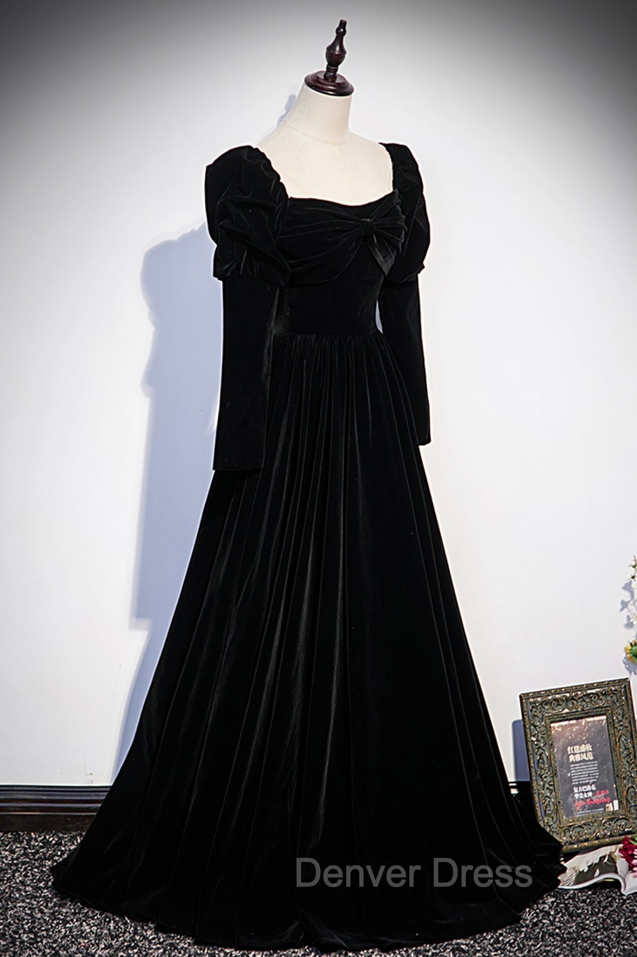 Black Velvet Long Sleeve Prom Dress, A Line Prom Dresses