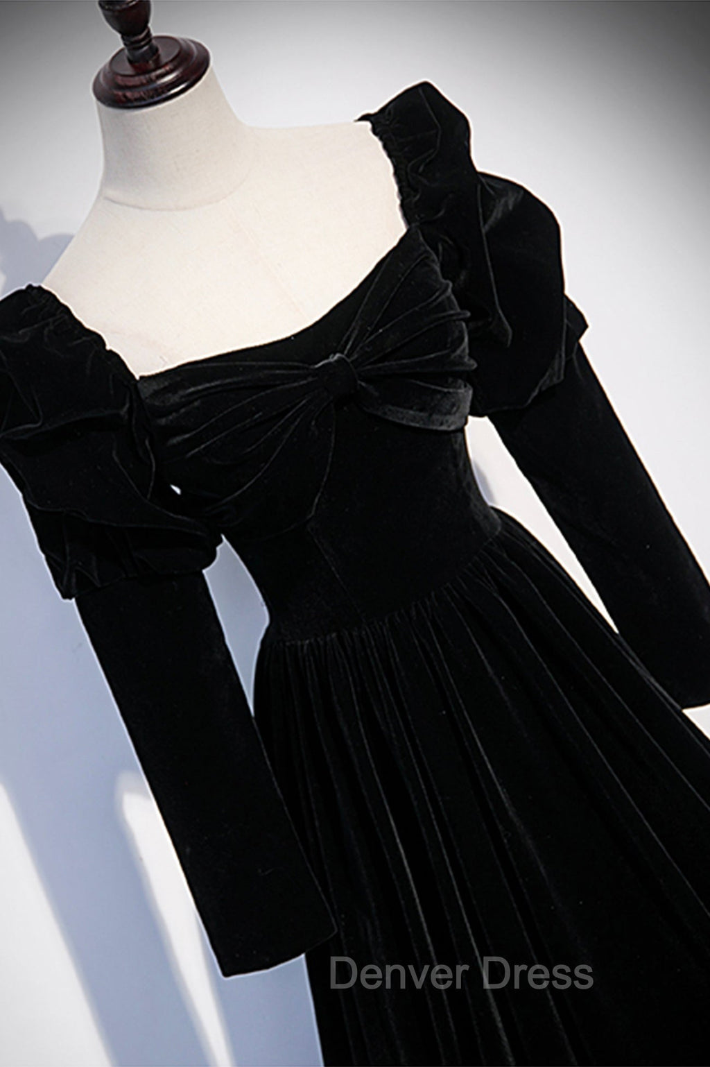 Black Velvet Long Sleeve Prom Dress, A Line Prom Dresses