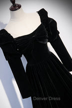 Black Velvet Long Sleeve Prom Dresses, A-Line Evening Party Dresses