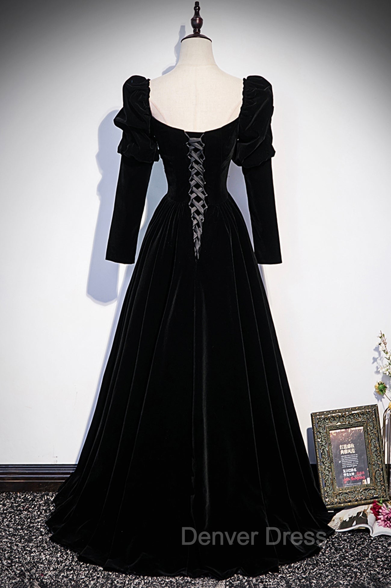 Black Velvet Long Sleeve Prom Dress, A Line Prom Dresses