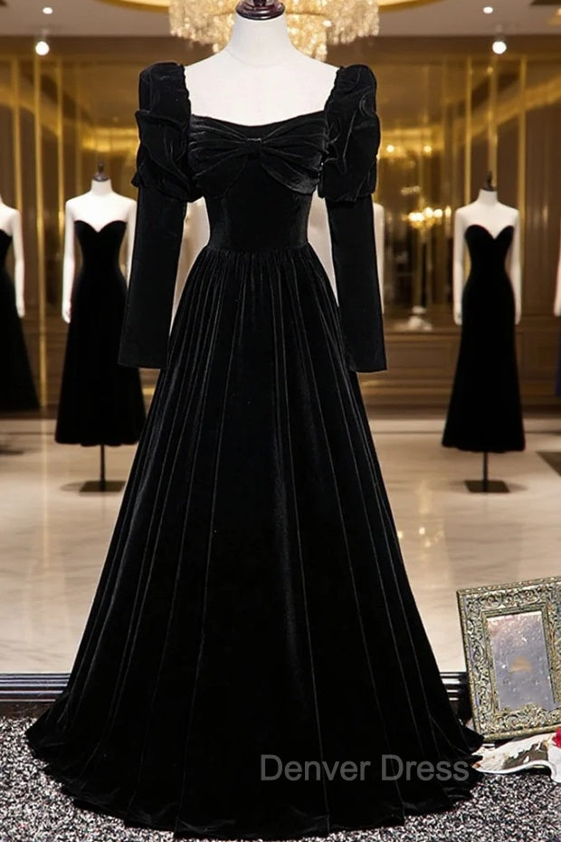 Black Velvet Long Sleeve Prom Dress, A Line Prom Dresses