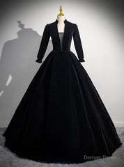 Black Velvet Long Sleeve V-neck Quinceanera Dress