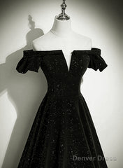 Black Velvet Off Shoulder A-Line Long Prom Dress, Black Simple Wedding Party Dress