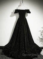 Black Velvet Off Shoulder A-Line Long Prom Dresses, Black Simple Wedding Party Dresses