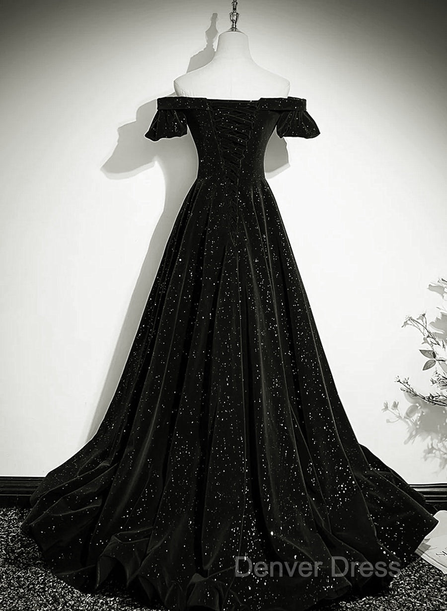 Black Velvet Off Shoulder A-Line Long Prom Dresses, Black Simple Wedding Party Dresses