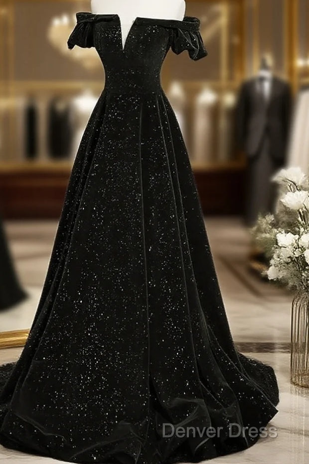 Black Velvet Off Shoulder A-Line Long Prom Dresses, Black Simple Wedding Party Dresses Main image