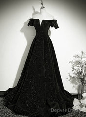 Black Velvet Off Shoulder A-Line Long Prom Dress, Black Simple Wedding Party Dress