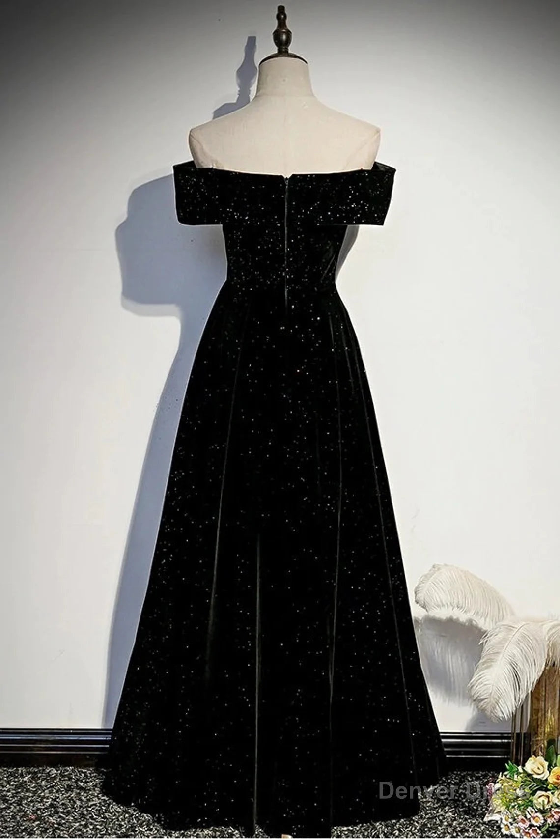 Black Velvet Off Shoulder Long Party Dress, Black Simple Prom Dress Main image