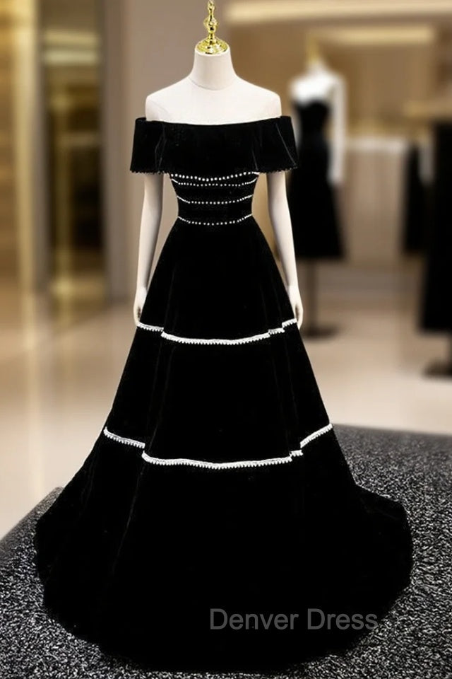 Black Velvet Off the Shoulder Pearls Prom Dresses