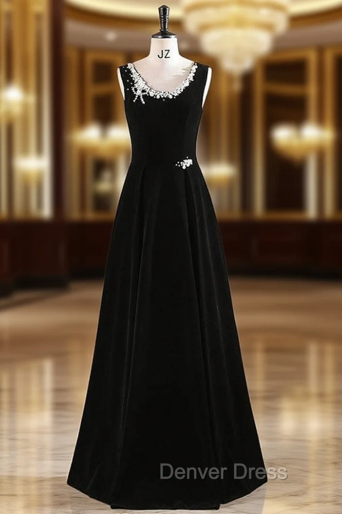 Black Velvet Scoop Neck Pearls Prom Dresses Main image