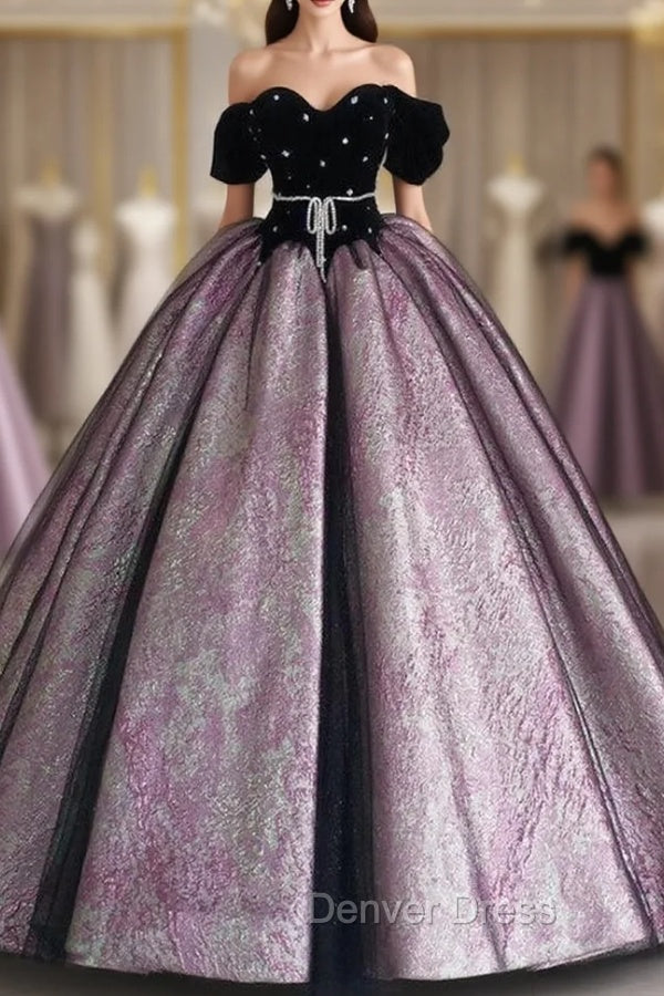 Black Velvet Short Sleeve Ball Gown Prom Dresses Main image