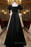 Black Velvet Short Sleeve Square Neck Pearls Prom Dresses