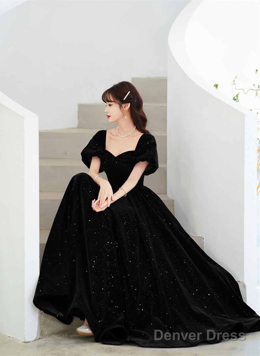 Black Velvet Short Sleeves A-Line Lace-Up Prom Dress, Black Long Wedding Prom Dresses Secondary image