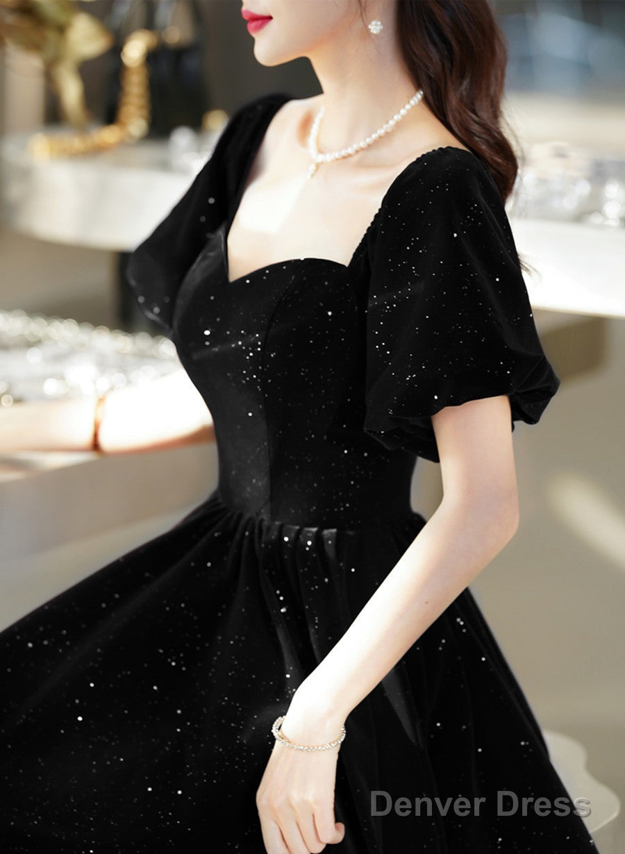 Black Velvet Short Sleeves A-Line Lace-Up Party Dress, Black Long Wedding Party Dress