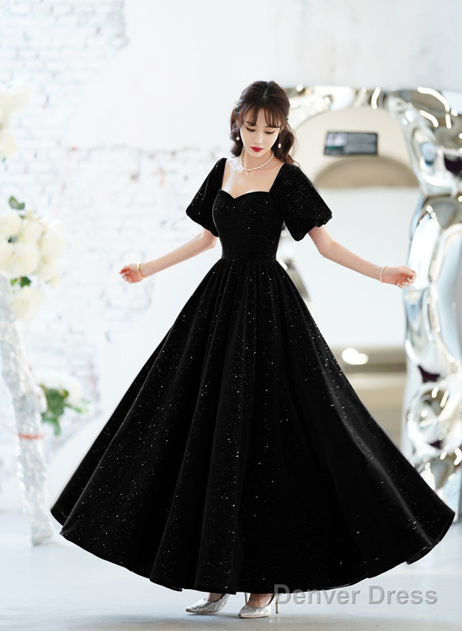 Black Velvet Short Sleeves A-Line Lace-Up Party Dress, Black Long Wedding Party Dress Main image