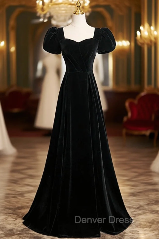 Black Velvet Short Sleeves Floor Length Long Prom Dresses, Black Velvet Long Formal Evening Dresses