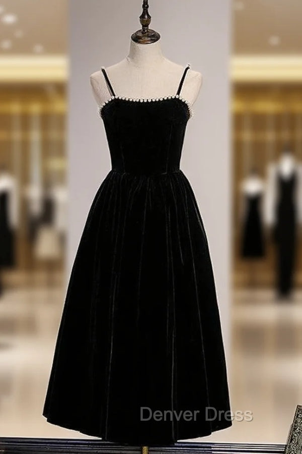 Black Velvet Spagehtti Straps Pearls Prom Dresses