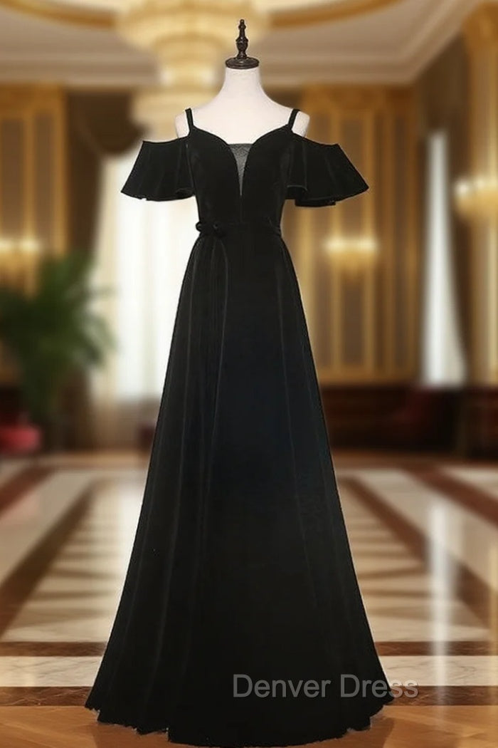 Black Velvet Spaghetti Straps Prom Dresses